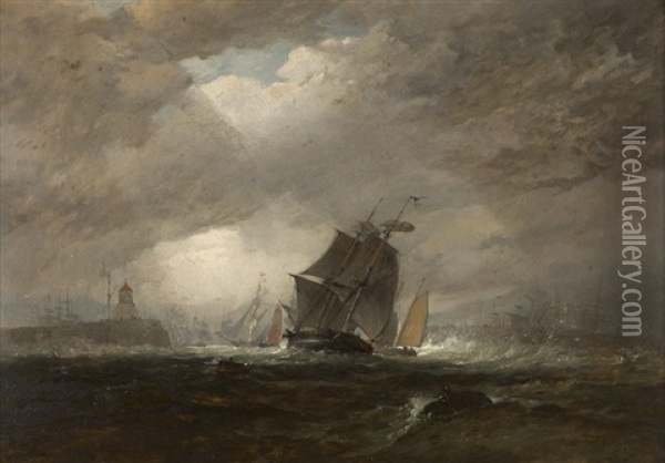 Swansea Harbor, Ship In Stormy Waters Oil Painting - Edward Duncan