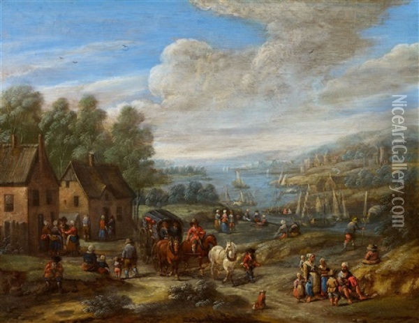 River Landscape With A Village And Travellers Oil Painting - Karel Breydel
