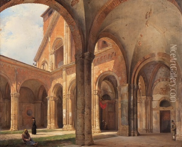 Porticato Della Basilica Di Sant'ambrogio A Milano Oil Painting - Giovanni Migliara
