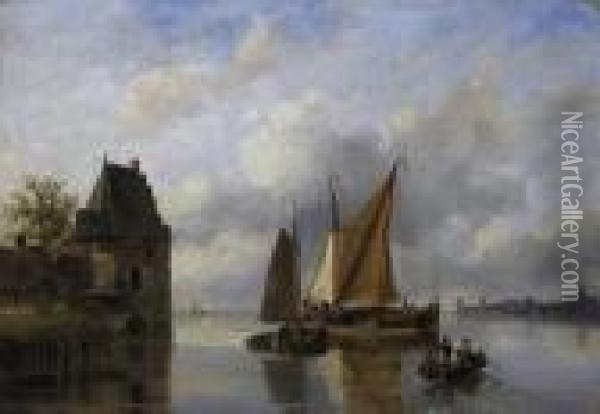 Ships And Ferries On A Dutch Rivercourse. Signed Lower Left: H.j. Roosenboom F Oil Painting - Nicholas Jan Roosenboom
