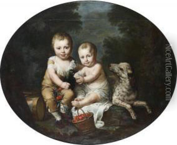 Deux Jeunes Enfants Avec Un Chien, Une Perruche Et Des Cerises Dans Un Paysage Oil Painting - Antoine Vestier