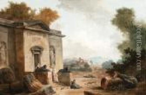 A Classical Building In A Landscape Oil Painting - Hubert Robert