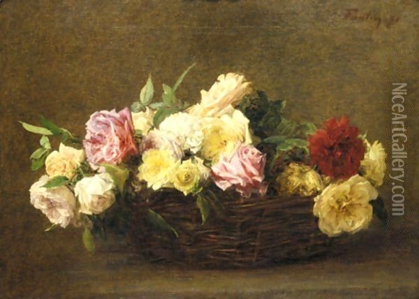 Roses Dans Un Panier En Osier Oil Painting - Ignace Henri Jean Fantin-Latour