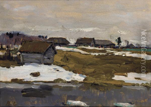Village By The Water In Winter Oil Painting - Valentin Aleksandrovich Serov