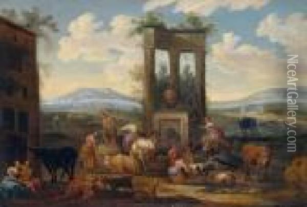 Sudliche Landschaft Mit Hirten An Einem Brunnen Oil Painting - Nicolaes Berchem