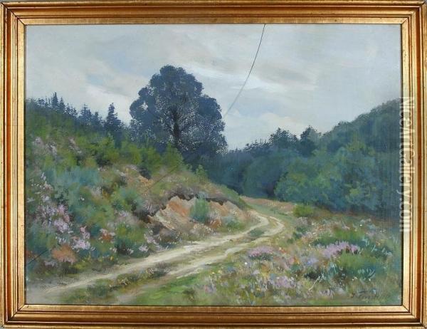 A Summer Landscape With Heather In Bloom Oil Painting - Julius Furst