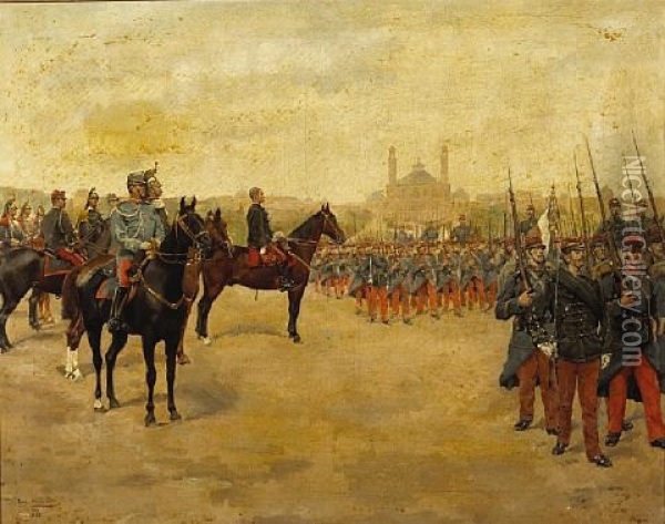 Reviewing The 28th Infantry Regiment With A North African Town In The Distance Oil Painting - Pierre Petit-Gerard