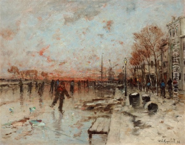 Skridskoakare Pa Frusen Kanal Oil Painting - Wilhelm von Gegerfelt
