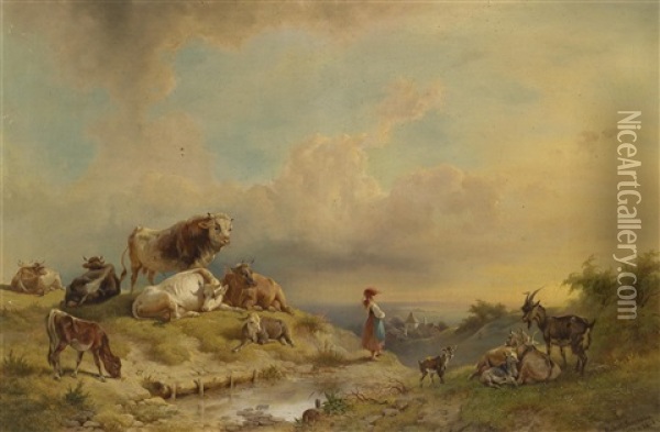 Ruhende Herde Mit Kleiner Hirtin Oil Painting - Rudolph Swoboda the Elder