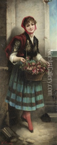 Ladies Holding Flowers (pair) Oil Painting - Egisto Ferroni
