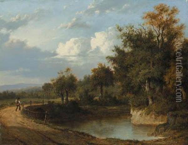 A Wooded River Landscape With A Traveller On A Track Oil Painting - Patrick, Peter Nasmyth