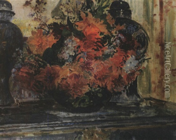 Bouquet De Fleurs Au Milieu De Vases Japonais Oil Painting - Jacques-Emile Blanche