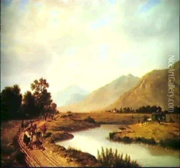 Flusslandschaft Mit Bauern Und Kuhen Oil Painting - Johann Rudolf Rapp