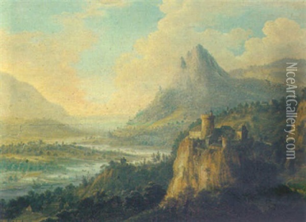 A Mosel Landscape With A Fortified Castle And Mountains Beyond Oil Painting - Jan Griffier the Elder