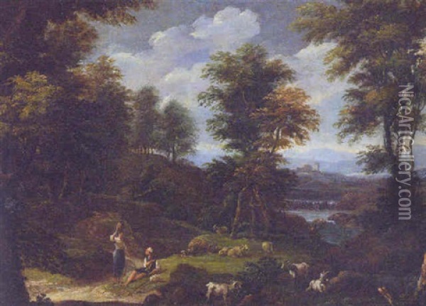 An Italianate River Landscape With A Herdsman Conversing With A Woman By A Path Oil Painting - Gaspard Dughet