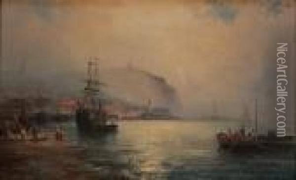 Coastal View Of A Busy Harbour Oil Painting - William A. Thornley Or Thornber