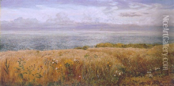 Across The Hayfield To The Sea Oil Painting - John Brett