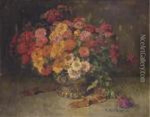 Colourful Zinnias In A Copper Pot Oil Painting - Clara Von Sivers