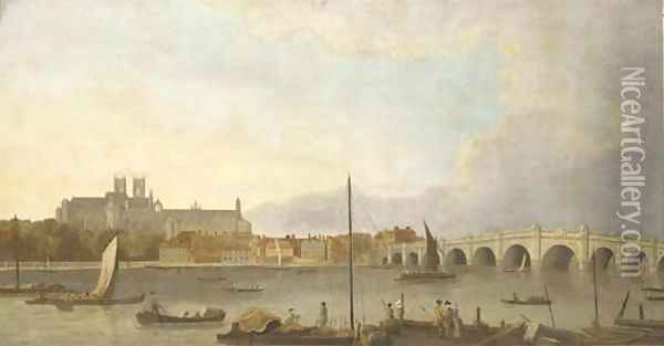 Westminster Abbey, Hall and Bridge from the Lambeth bank of the Thames Oil Painting - William Marlow