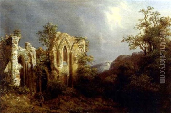 Baumbestandene Landschaft Mit Kirchenruine Oil Painting - Louis George-Legrand