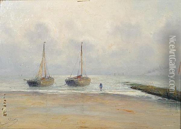 Zeilboten Aan Het Strand. Oil Painting - Romain Steppe