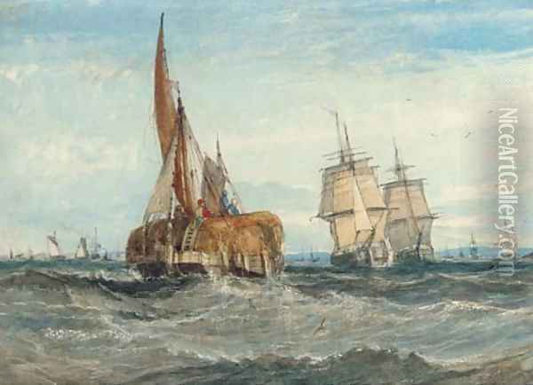 A hay barge and merchant ships on the Medway Oil Painting - George Chambers