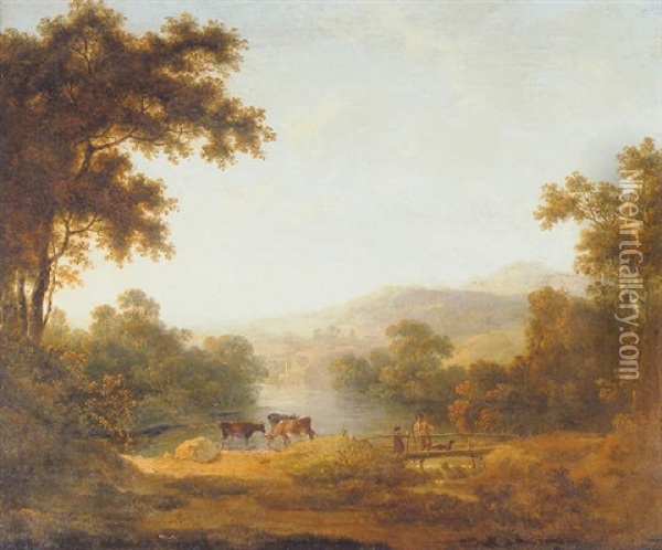 Crossing The Bridge With Cattle Watering Beyond Oil Painting - Abraham Pether