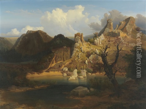 Landschaft Mit Schroffer Felsenpartie Und Bergsee Oil Painting - Carl Dahl