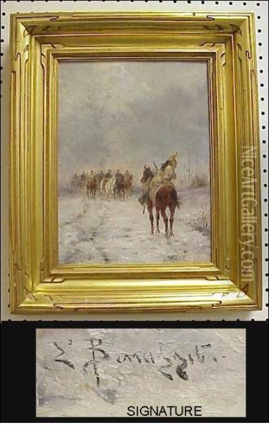 Oil On Wood Panel,continental Soldiers On Horseback In Winter, Signed Lower Left, Ina Modern Gilt Frame, Ss. 13
