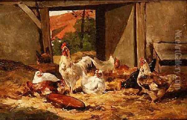 Chickens in a Barn 2 Oil Painting - Cornelius van Leeputten