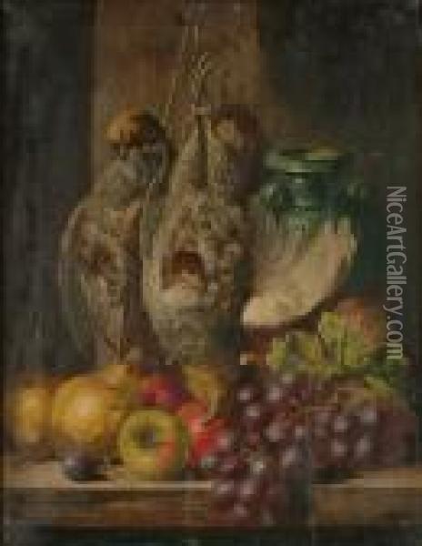 A Still Life Of Grey Partridge, Fruit And An Earthenware Jug Oil Painting - Charles Thomas Bale