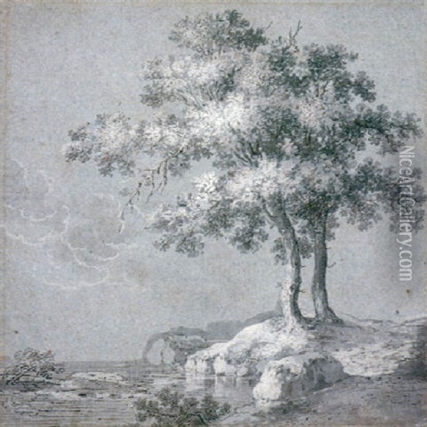 Two Trees On The Banks Of A Lake (recto)                    The Head Of A Woman (verso) Oil Painting - Hermann Naiwincx