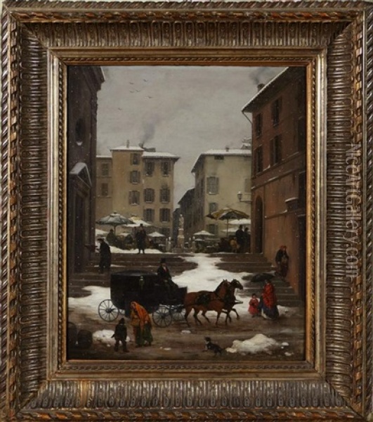 Veduta Della Piazza Del Mercato Di Brescia Sotto La Neve Oil Painting - Angelo Inganni