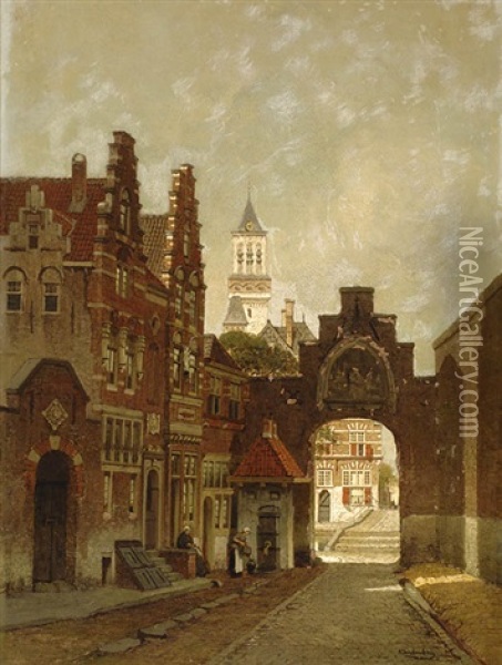 The Oude Poort And Two Houses De Twee Hammen, Delft Oil Painting - Johannes Christiaan Karel Klinkenberg
