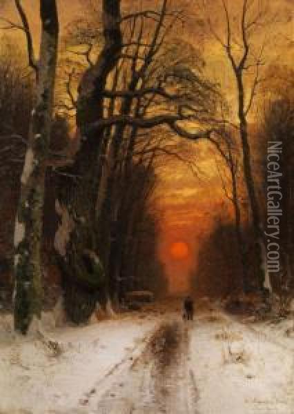 Wanderer In Einer Winterlichen Waldschneise Bei Sonnenuntergang Oil Painting - Wilhelm Schroeter