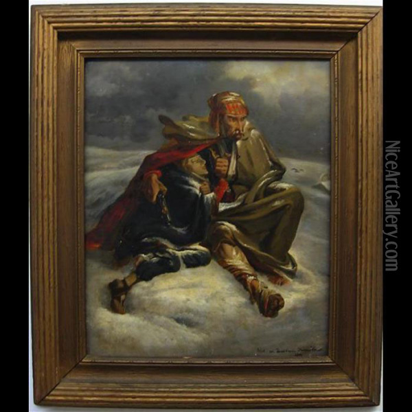 Injured Soldier Protecting Young Woman In Winter Oil Painting - Horace Vernet