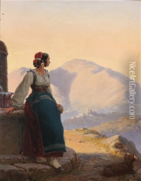 An Italian Woman By A Fontain Oil Painting - Jorgen Valentin Sonne