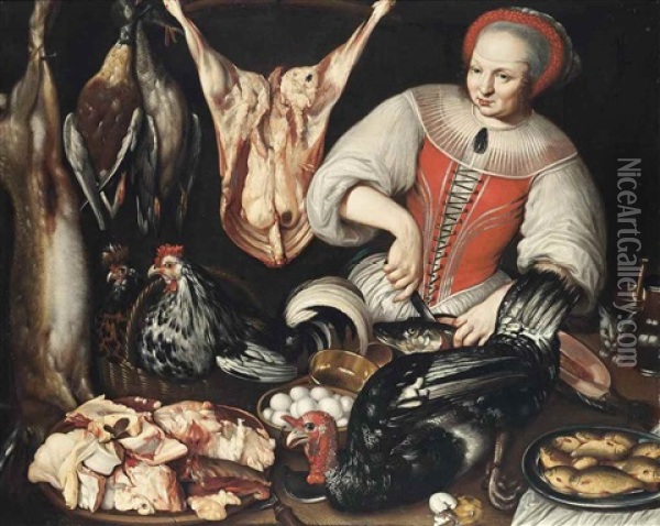 A Kitchen Maid Cleaning A Fish With Poultry, Meat, Eggs And A Cat On A Table Oil Painting - Vincenzo Campi