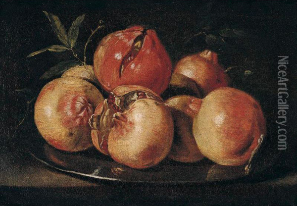 Still Life Of Pomegranates Upon A Pewter Dish Oil Painting - Juan de Zurbaran