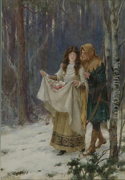 Young Lady With Apron Full Of Roses And Companion Archer On A Snowy Woodland Path Oil Painting - Georges Sheridan Knowles
