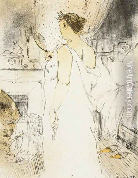 Elles: Woman Looking into a Hand Held Mirror Oil Painting - Henri De Toulouse-Lautrec