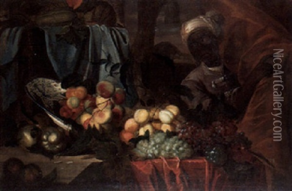 A Still Life Of Fruit, An Up-turned Porcelain Bowl And A Chest, With A Negro Page Appearing From Behind A Draped Curtain Oil Painting - Herman van der Myn