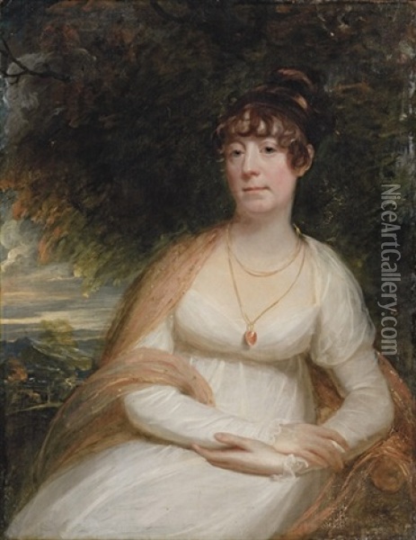 Portrait Of Josephine Sophia Newton, Lady Cooper, In A White Gown, With A Shawl And Pendant Brooch Oil Painting - Sir William Beechey