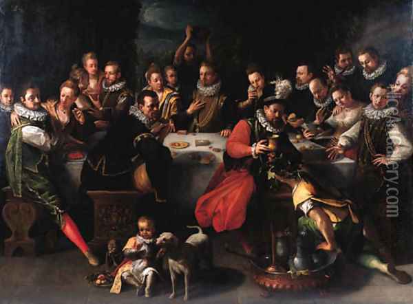 A nobleman with distinguished guests at a banquet Oil Painting - Jeremias van Winghen or Wingen