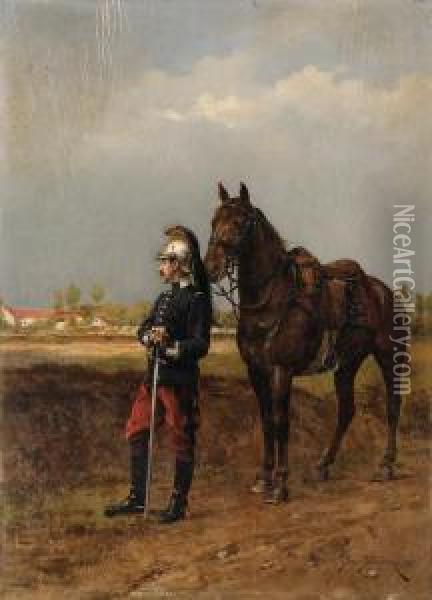 A Soldier With His Horse Oil Painting - Etienne Prosper Berne-Bellecour