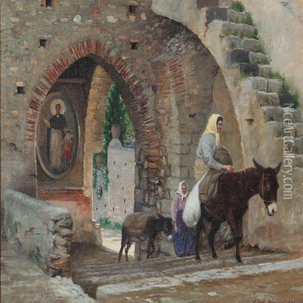View From A Italian Town With A Woman On A Donkey Oil Painting - Heinrich Hansen