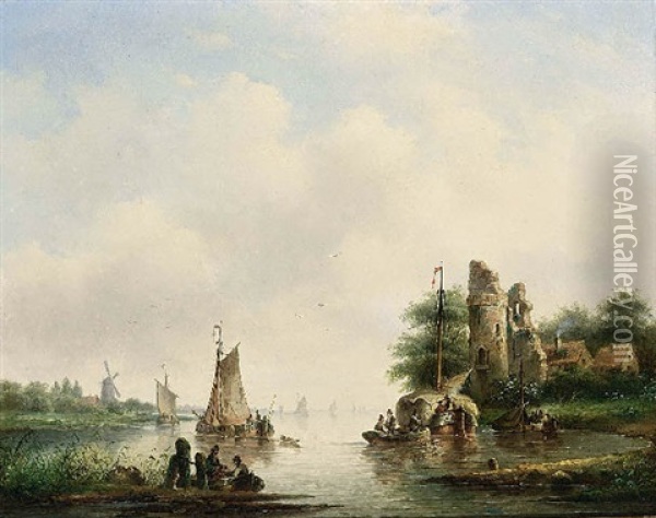A Summer Landscape With Boats On A River Oil Painting - Cornelis Petrus T' Hoen