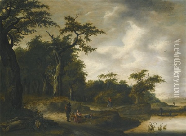 A Wooded Landscape With Travellers On A Road By A River Oil Painting - Adriaen Hendricksz. Verboom
