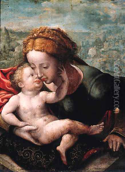 The Madonna and Child, a landscape beyond Oil Painting - Jan Sanders Van Hemessen