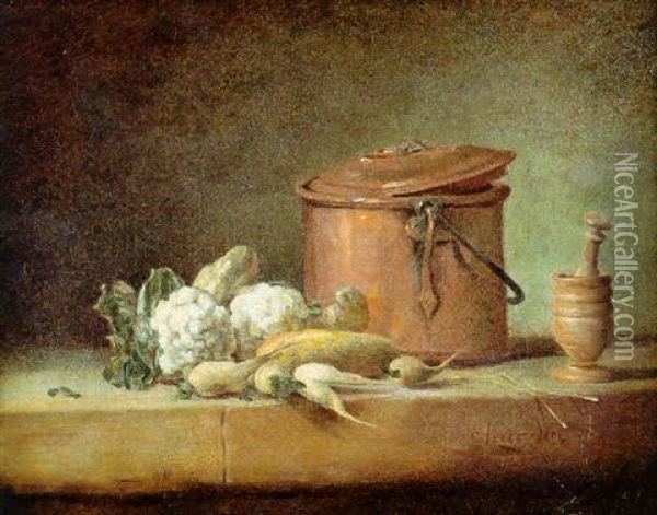Nature Morte Au Chaudron Et Legumes Sur Un Entablement Oil Painting - Jean-Baptiste-Simeon Chardin